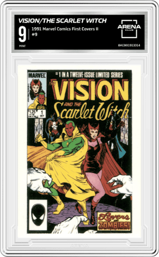Vision and The Scarlet Witch from the 1991 Comic Images Marvel Comics First Covers II set graded by Arena Club and given an overall grade of 9.