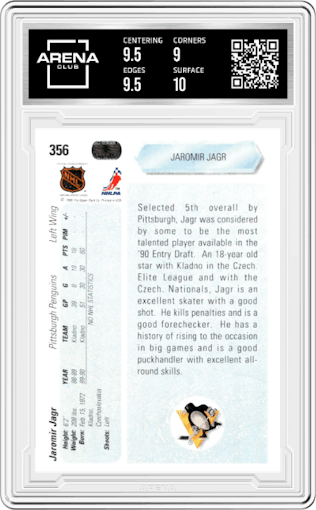 Jaromir Jagr from the 1990-91 Upper Deck set graded by Arena Club and given an overall grade of 9.5.