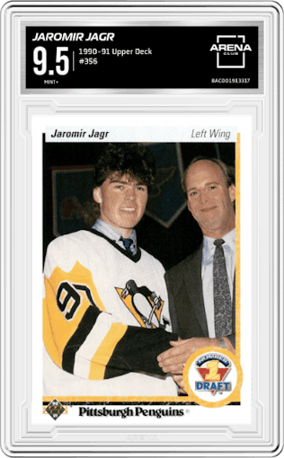 Jaromir Jagr from the 1990-91 Upper Deck set graded by Arena Club and given an overall grade of 9.5.