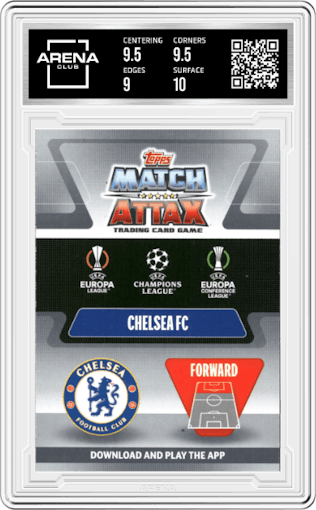 Christian Pulisic from the 2021-22 Topps Match Attax UEFA Champions League Europa League set featuring a Aqua parallel graded by Arena Club and given an overall grade of 9.5.