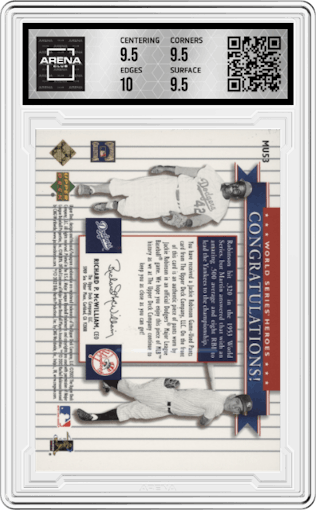 Jackie Robinson/Billy Martin from the 2002 Upper Deck World Series Heroes set graded by Arena Club and given an overall grade of 10.