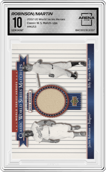 Jackie Robinson/Billy Martin from the 2002 Upper Deck World Series Heroes set graded by Arena Club and given an overall grade of 10.