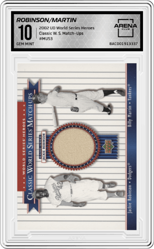 Jackie Robinson/Billy Martin from the 2002 Upper Deck World Series Heroes set graded by Arena Club and given an overall grade of 10.