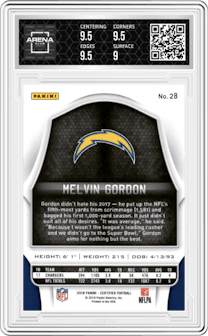 Melvin Gordon from the 2018 Panini Certified set featuring a Mirror Green parallel graded by Arena Club and given an overall grade of 9.5.