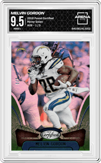 Melvin Gordon from the 2018 Panini Certified set featuring a Mirror Green parallel graded by Arena Club and given an overall grade of 9.5.