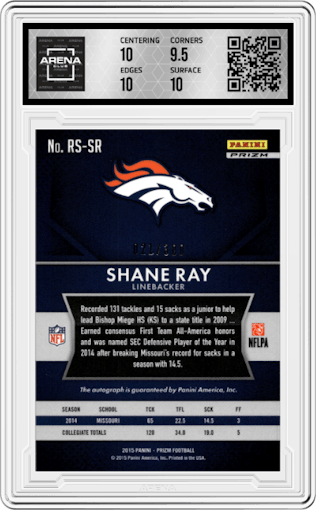 Shane Ray  from the 2015 Panini Prizm set featuring a Silver Prizm parallel graded by Arena Club and given an overall grade of 10.