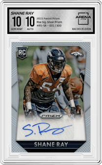 Shane Ray  from the 2015 Panini Prizm set featuring a Silver Prizm parallel graded by Arena Club and given an overall grade of 10.
