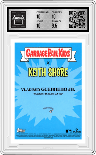 Stratosphere Vladimir from the 2022 Topps X MLB Garbage Pail Kids set featuring a Rainbow Foil parallel graded by Arena Club and given an overall grade of 10.