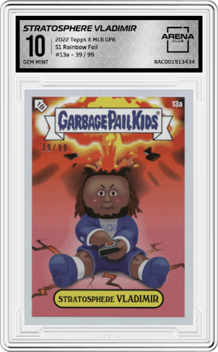 Stratosphere Vladimir from the 2022 Topps X MLB Garbage Pail Kids set featuring a Rainbow Foil parallel graded by Arena Club and given an overall grade of 10.