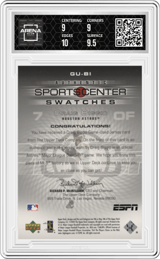 Craig Biggio from the 2005 Upper Deck ESPN set graded by Arena Club and given an overall grade of 9.5.