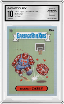 Basket Casey from the 2021 Topps Chrome Garbage Pail Kids Original Series 4 set featuring a Refractor parallel graded by Arena Club and given an overall grade of 10.