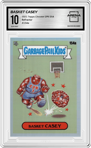 Basket Casey from the 2021 Topps Chrome Garbage Pail Kids Original Series 4 set featuring a Refractor parallel graded by Arena Club and given an overall grade of 10.