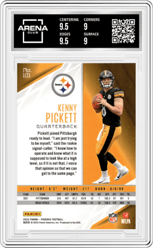 Kenny Pickett from the 2022 Panini Phoenix set graded by Arena Club and given an overall grade of 9.5.