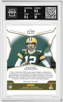 Aaron Rodgers from the 2021 Panini Playoff set featuring a Silver parallel graded by Arena Club and given an overall grade of 9.5.