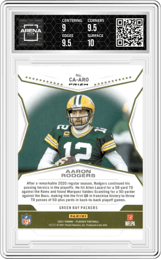 Aaron Rodgers from the 2021 Panini Playoff set featuring a Silver parallel graded by Arena Club and given an overall grade of 9.5.