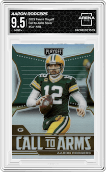Aaron Rodgers from the 2021 Panini Playoff set featuring a Silver parallel graded by Arena Club and given an overall grade of 9.5.