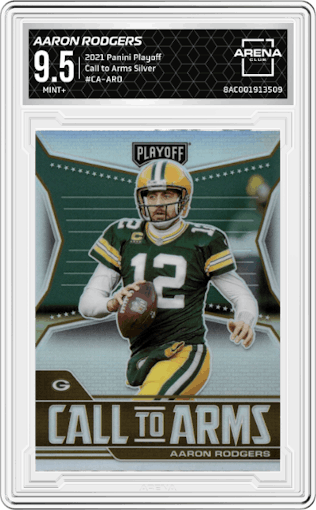 Aaron Rodgers from the 2021 Panini Playoff set featuring a Silver parallel graded by Arena Club and given an overall grade of 9.5.