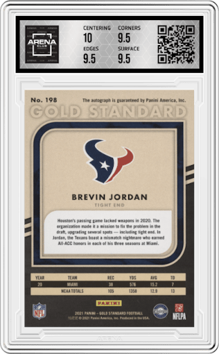 Brevin Jordan from the 2021 Panini Gold Standard set graded by Arena Club and given an overall grade of 10.