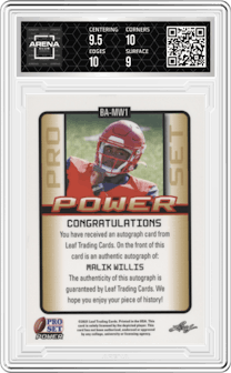 Malik Willis from the 2021 Leaf Pro Set Power set featuring a Emerald parallel graded by Arena Club and given an overall grade of 9.5.