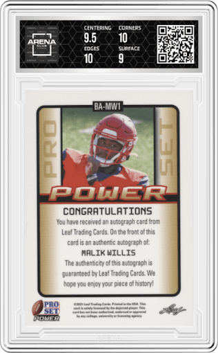 Malik Willis from the 2021 Leaf Pro Set Power set featuring a Emerald parallel graded by Arena Club and given an overall grade of 9.5.