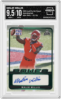 Malik Willis from the 2021 Leaf Pro Set Power set featuring a Emerald parallel graded by Arena Club and given an overall grade of 9.5.