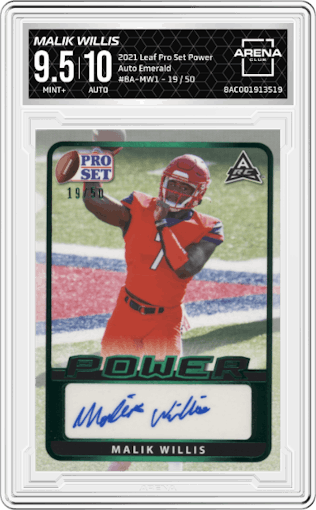 Malik Willis from the 2021 Leaf Pro Set Power set featuring a Emerald parallel graded by Arena Club and given an overall grade of 9.5.