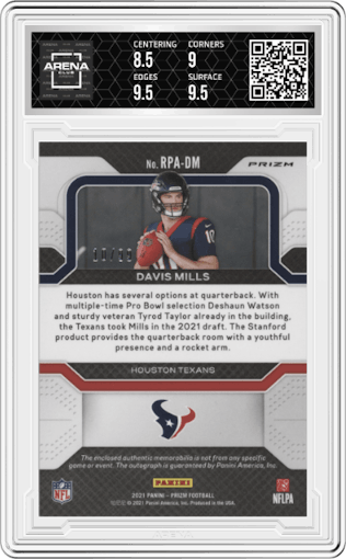 Davis Mills from the 2021 Panini Prizm set graded by Arena Club and given an overall grade of 9.