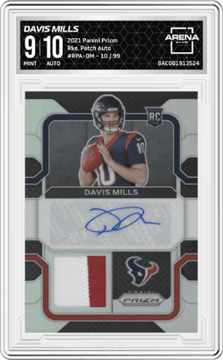 Davis Mills from the 2021 Panini Prizm set graded by Arena Club and given an overall grade of 9.