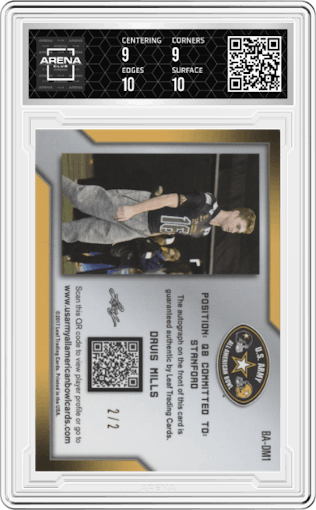 Davis Mills from the 2017 Leaf Metal US Army All-American Bowl set featuring a Flag Etch Gold parallel graded by Arena Club and given an overall grade of 9.5.