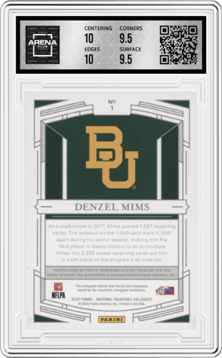 Denzel Mims from the 2020 Pan National Treasures Collegiate set featuring a Bowl parallel graded by Arena Club and given an overall grade of 10.