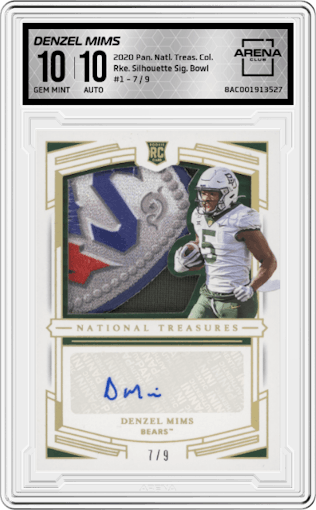 Denzel Mims from the 2020 Pan National Treasures Collegiate set featuring a Bowl parallel graded by Arena Club and given an overall grade of 10.
