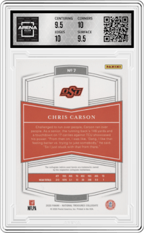 Chris Carson from the 2020 Panini National Treasures Collegiate set featuring a Century Red parallel graded by Arena Club and given an overall grade of 10.