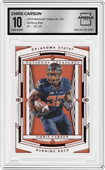 Chris Carson from the 2020 Panini National Treasures Collegiate set featuring a Century Red parallel graded by Arena Club and given an overall grade of 10.