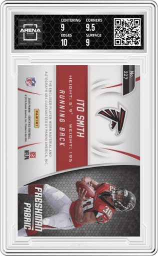 Ito Smith from the 2018 Panini Certified set featuring a Mirror Orange parallel graded by Arena Club and given an overall grade of 9.5.