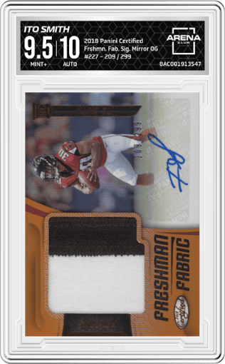 Ito Smith from the 2018 Panini Certified set featuring a Mirror Orange parallel graded by Arena Club and given an overall grade of 9.5.