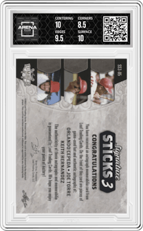 Orlando Cepeda/Joe Torre/Keith Hernandez from the 2022 Leaf Lumber set featuring a Numbered Base parallel graded by Arena Club and given an overall grade of 9.