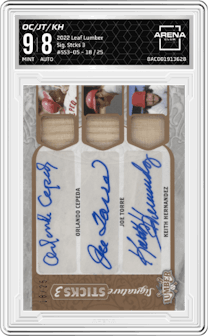 Orlando Cepeda/Joe Torre/Keith Hernandez from the 2022 Leaf Lumber set featuring a Numbered Base parallel graded by Arena Club and given an overall grade of 9.