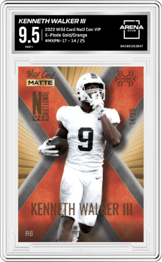 Kenneth Walker III from the 2022 Wild Card National Convention VIP set featuring a Gold/Orange parallel graded by Arena Club and given an overall grade of 9.5.