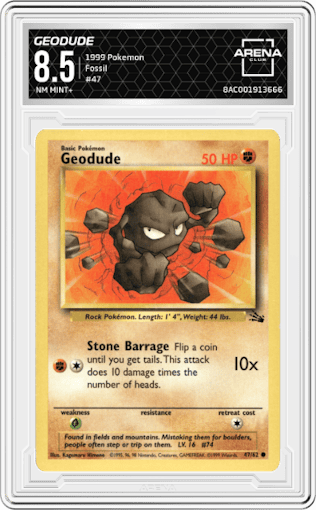 Geodude from the 1999 Pokemon set graded by Arena Club and given an overall grade of 8.5.