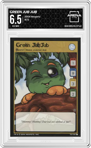 Green Jub Jub from the 2004 Neopets set graded by Arena Club and given an overall grade of 6.5.