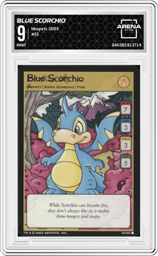 Blue Scorchio from the Neopets 2003 set graded by Arena Club and given an overall grade of 9.