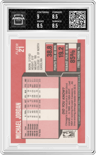Michael Jordan from the 1989-90 Fleer set graded by Arena Club and given an overall grade of 8.5.