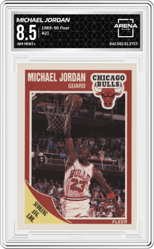 Michael Jordan from the 1989-90 Fleer set graded by Arena Club and given an overall grade of 8.5.