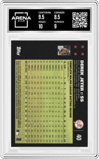 Derek Jeter from the 2007 Topps set featuring a Bush/Mantle parallel graded by Arena Club and given an overall grade of 9.