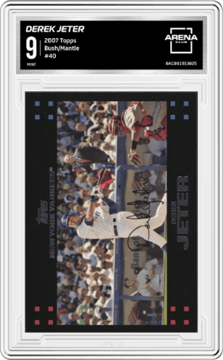 Derek Jeter from the 2007 Topps set featuring a Bush/Mantle parallel graded by Arena Club and given an overall grade of 9.