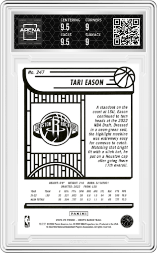Tari Eason from the 2022-23 Panini NBA Hoops set featuring a Teal Explosion parallel graded by Arena Club and given an overall grade of 9.5.