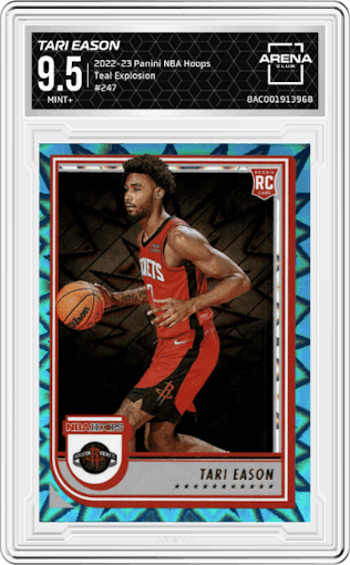 Tari Eason from the 2022-23 Panini NBA Hoops set featuring a Teal Explosion parallel graded by Arena Club and given an overall grade of 9.5.
