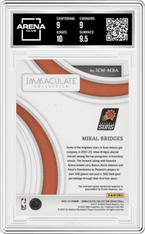 Mikal Bridges from the 2021-22 Panini Immaculate Collection set graded by Arena Club and given an overall grade of 9.5.