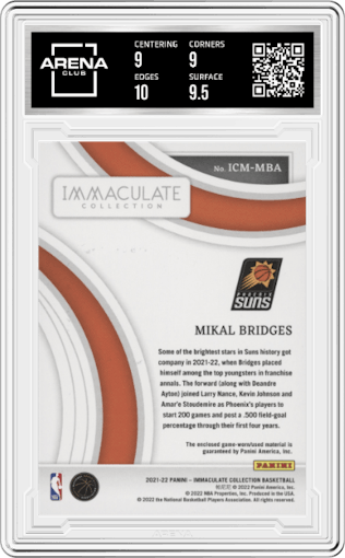 Mikal Bridges from the 2021-22 Panini Immaculate Collection set graded by Arena Club and given an overall grade of 9.5.