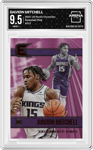 Davion Mitchell  from the 2021-22 Panini Chronicles set featuring a Pink parallel graded by Arena Club and given an overall grade of 9.5.